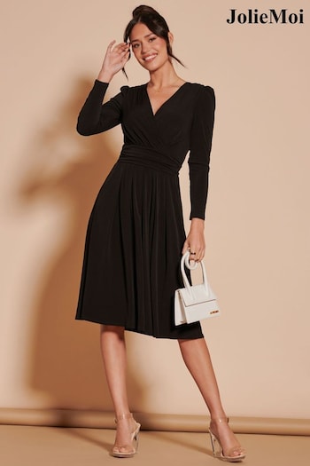 Jolie Moi Black Long Sleeve Pleated Jersey Midi Dress (N24341) | £68