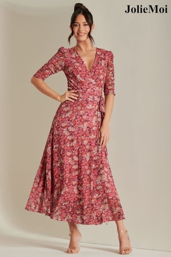 Jolie Moi Pink Daliyah Wrap Front Mesh Maxi Dress (N24343) | £85
