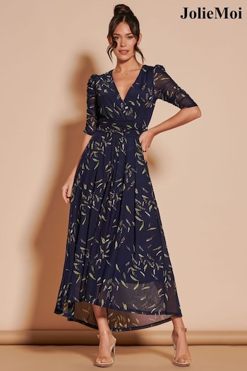 Jolie Moi Blue Dasha Ruched Sleeved Mesh Maxi Dress (N24346) | £85