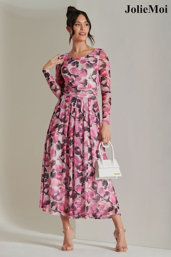 Jolie Moi Pink Abstract Print Mesh Long Sleeve Maxi Dress (N24352) | £85