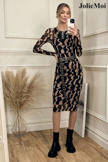 Jolie Moi Print Long Sleeve Mesh Bodycon Black Dress (N24354) | £55