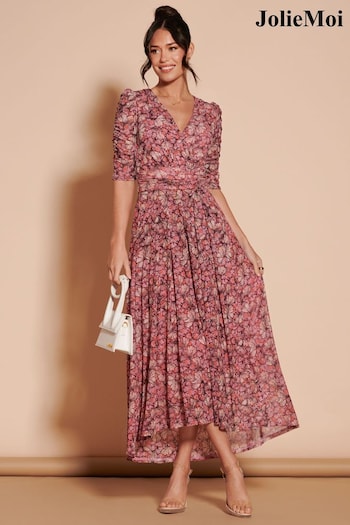 Jolie Moi Pink Dasha Ruched Sleeved Mesh Maxi Dress (N24358) | £85