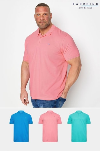 BadRhino Big & Tall Blue/Pink/Teal 3 Pack Joggers Polo Shirts (N24453) | £45