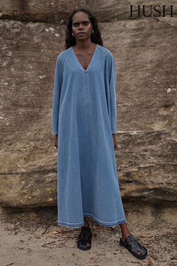 Hush Blue Marina V-Neck Denim Maxi Dress (N24586) | £99