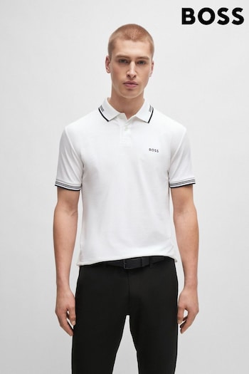 BOSS White Tipped Slim Fit Stretch Cotton Polo Shirt (N25385) | £89