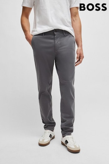 BOSS Grey Tapered Fit Stretch Cotton Satin Chino Svarta Trousers (N25391) | £119