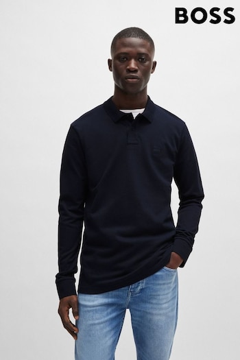 BOSS Dark Blue Logo Patch Long Sleeve Polo Shirt (N25395) | £89