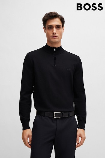 BOSS Black Cotton-Jersey Zip-Neck Sweater With Embroidered Logo (N25413) | £169