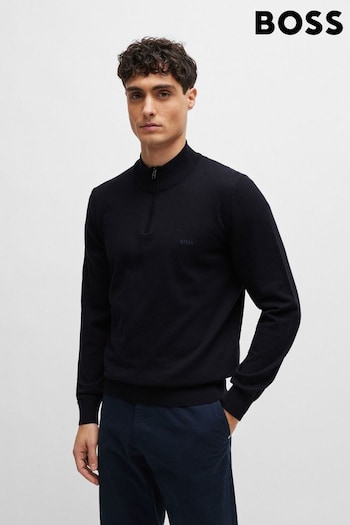 BOSS Dark Blue Cotton-Jersey Zip-Neck Sweater With Embroidered Logo (N25423) | £169