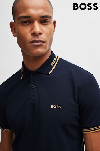 BOSS Dark Blue Tipped Slim Fit Stretch Cotton Polo Shirt (N25432) | £89