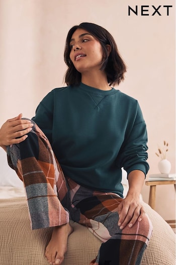 Teal Blue Check 100% Cotton Sweatshirt And Flannel Pyjamas (N25616) | £38