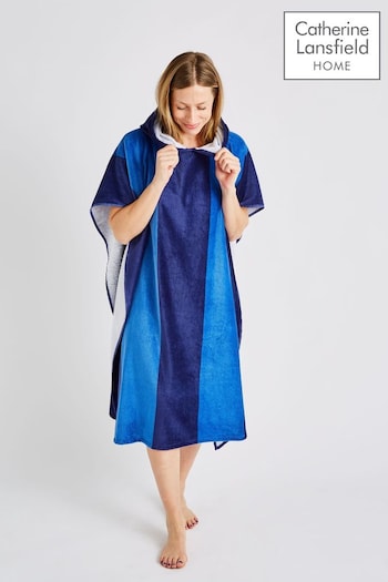 Catherine Lansfield Blue Stripe Adult Size Hooded Poncho Towel (N25638) | £20