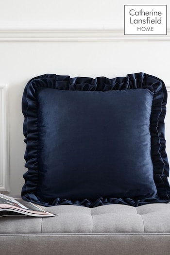 Catherine Lansfield Navy Blue So Soft Velvet Double Frill Cushion (N25657) | £16