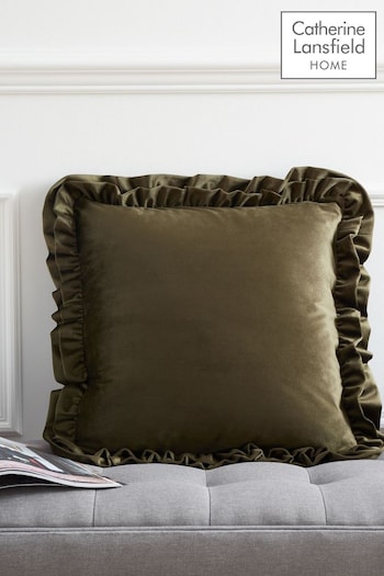 Catherine Lansfield Olive Green So Soft Velvet Double Frill Cushion (N25661) | £16