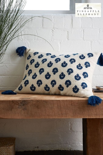 Pineapple Elephant Indigo Blue Raya Tassel Cotton Cushion (N25671) | £20