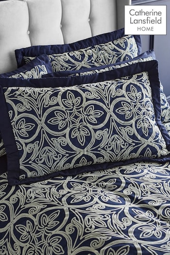 Catherine Lansfield Blue Navy Flock Trellis Pair of Pillow shams (N25678) | £20