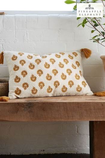 Pineapple Elephant Ochre Yellow Raya Tassel Cotton Cushion (N25679) | £20