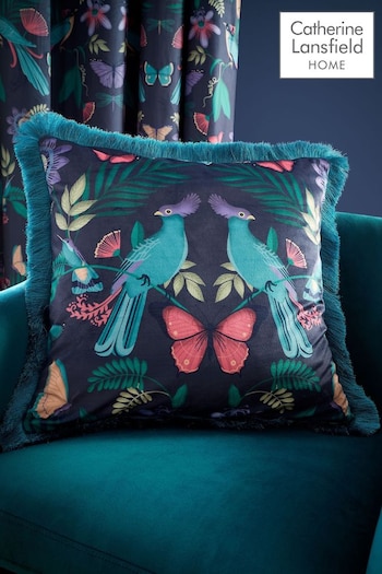 Catherine Lansfield Navy Blue Mya Tropical Floral Fringe Cushion (N25727) | £20