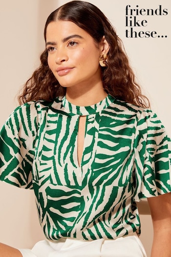 Gifts Under £15 Green Printed Flutter Sleeve Keyhole Blouse (N25827) | £29