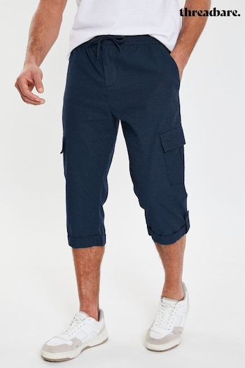 Threadbare Blue 3/4 Length Linen Blend Pull-On Cargo Trousers (N25833) | £28