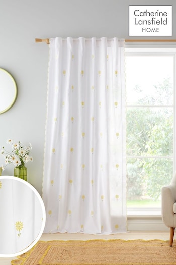 Catherine Lansfield White Lorna Embroidered Daisy Slot Top Panel Curtains (N25855) | £16 - £22