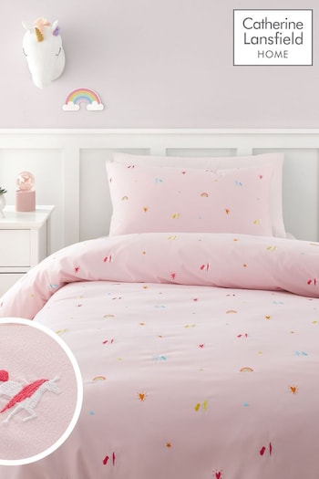 Catherine Lansfield Pink Embroidered Unicorn and Rainbows Duvet Cover Set (N25925) | £20 - £30