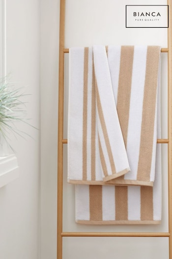 Bianca Natural Reversible Stripe Cotton Jacquard Towel (N25927) | £16 - £50