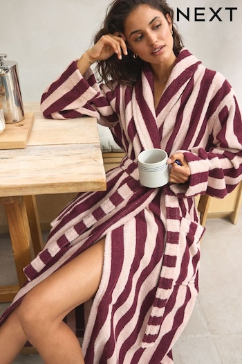 Pink/Berry Red Stripe 100% Cotton Towelling Dressing Gown (N26071) | £46