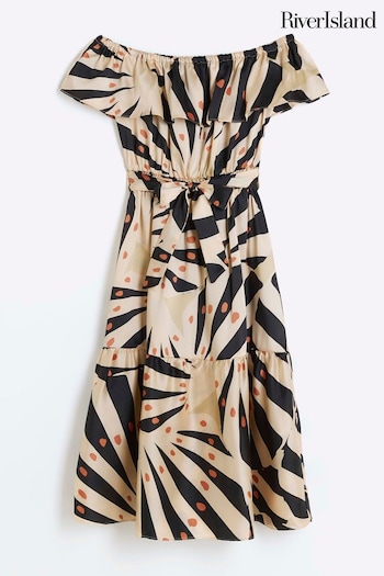 River Island Black/Cream Girls Printed Bardot Dress (N26196) | £25
