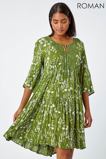 Roman Green Floral Print Lace Detail Smock Dress (N26223) | £40