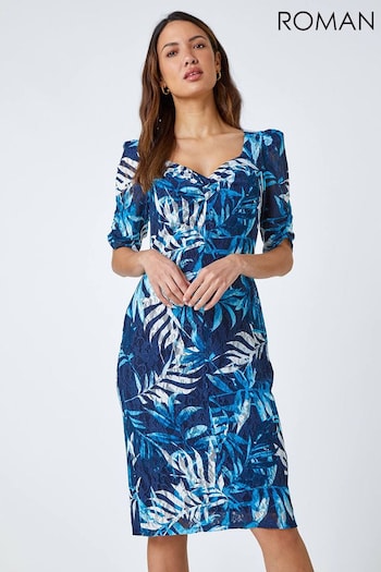 Roman Blue Leaf Print Puff Sleeve Midi Dress (N26228) | £45