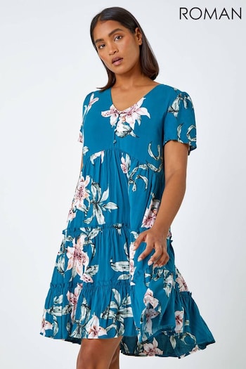 Roman Blue Floral Print Tiered Mini Dress (N26230) | £38