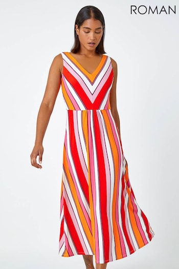 Roman Red Sleeveless Stripe Print Midi Stretch Dress (N26233) | £40