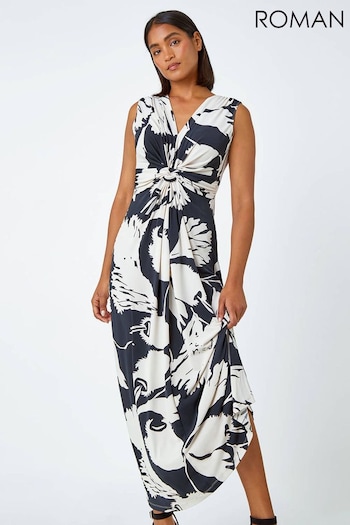 Roman Black Sleeveless Floral Print Maxi Stretch Dress (N26235) | £45