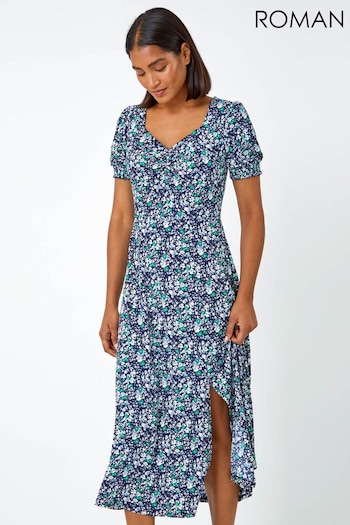 Roman Green Ditsy Floral Ruched Maxi Dress (N26240) | £42