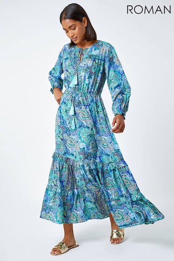 Roman Blue Paisley Print Tassel Frill Hem Maxi Dress (N26246) | £42