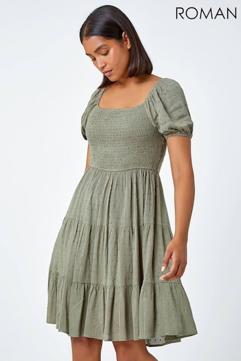 Roman Green Metallic Puff Sleeve Shirred Dress (N26247) | £40