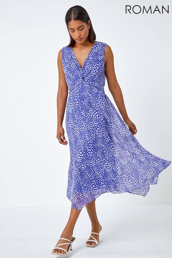 Roman Blue Sleeveless Abstract Knot Front Midi Dress (N26252) | £55