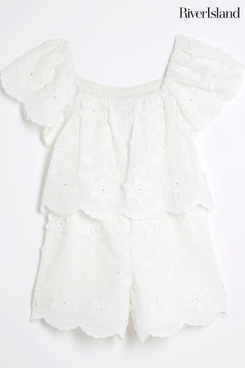 River Island White Girls Tiered Broderie Playsuit (N26254) | £28
