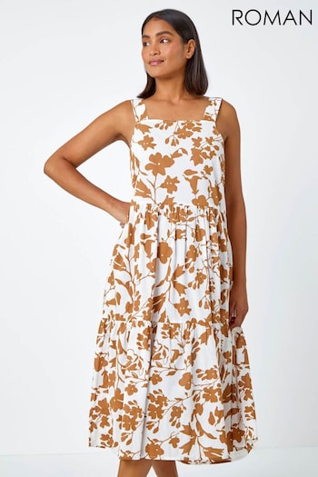 Roman Natural Sleeveless Cotton Floral Midi Dress (N26284) | £42