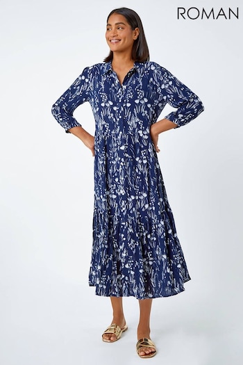 Roman Blue Floral Print Midi Shirt deze Dress (N26292) | £42