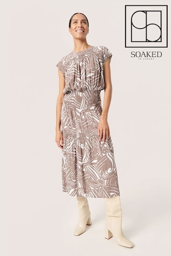 Soaked in Luxury Marian Smock Midi Length Printed Brown Dress (N26340) | £100