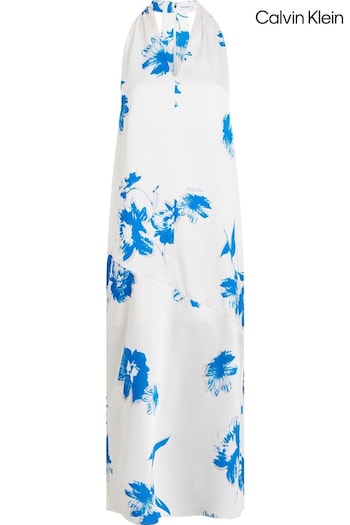Calvin Fur Klein Blue Satin Printed Shift Dress (N26363) | £280