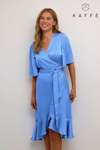 Kaffe Blue Lotte Knee Length Satin Wrap Dress (N26500) | £90