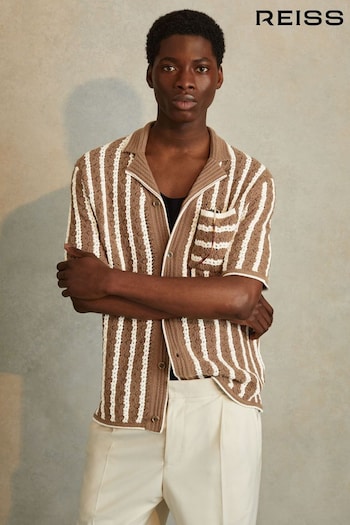 Reiss Camel/White Spritz Oversized Crochet Striped Cuban Collar Shirt (N26663) | £128