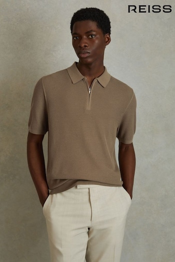 Reiss Camel Ivor Textured Half-Zip Polo Shirt (N26674) | £98