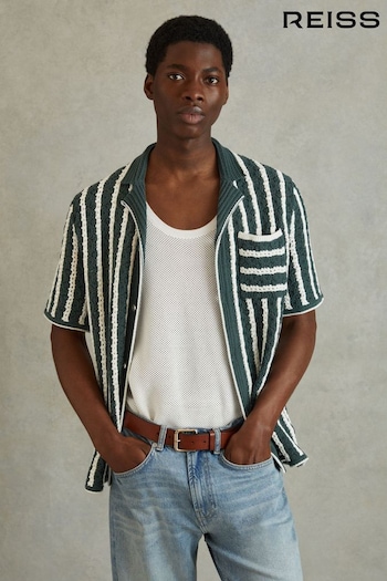 Reiss Green/White Spritz Oversized Crochet Striped Cuban Collar Shirt (N26718) | £128