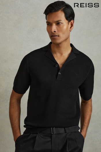 Reiss Black Charlie Open-Stitch Cuban-Collar Polo Shirt (N26721) | £98