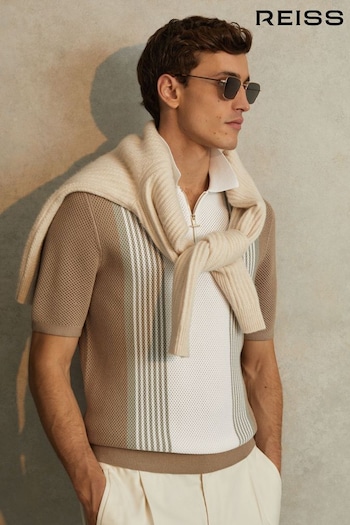 Reiss Camel/White Berlin Open-Stitch Half-Zip Polo Shirt (N26733) | £110