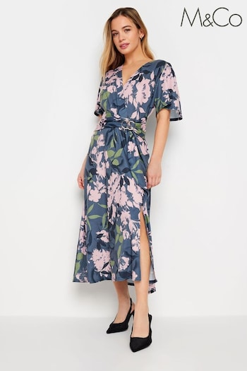 M&Co Blue Petite Floral Belted Wrap Dress (N26744) | £45